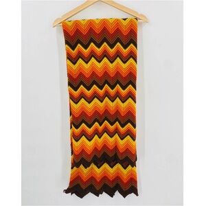Vintage 70s Fall Colors Knit Crochet Chevron Afghan Throw Blanket